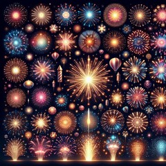 Big set of various fireworks with brightly shining sparks. Colorful pyrotechnics show. Realistic fireworks celebration isolated vector illustration. Beautiful light performance in night sky.