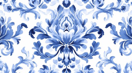 Elegant blue and white floral damask pattern with intricate designs, perfect for textiles and home decor.