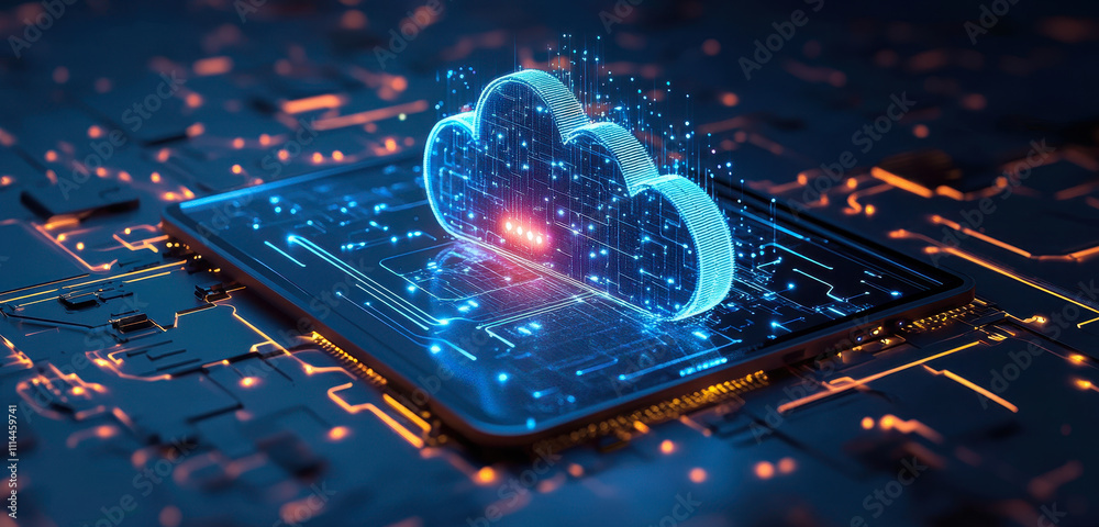Poster futuristic cloud computing and secure data storage with mobile connection concept