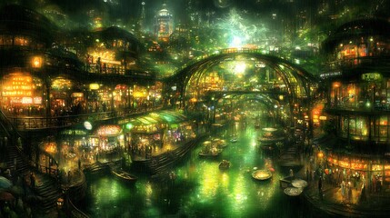 Fototapeta premium Rainy Night In A Lush Canal Cityscape