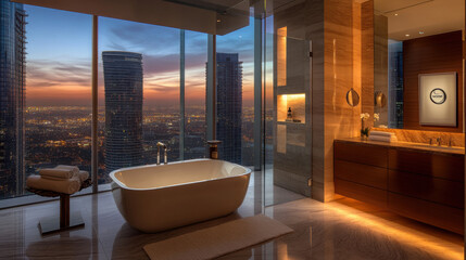 Fototapeta premium Luxurious Modern Bathroom with Stunning City Skyline View at Sunset, Featuring Freestanding Bathtub, Elegant Decor, and Floor-to-Ceiling Windows