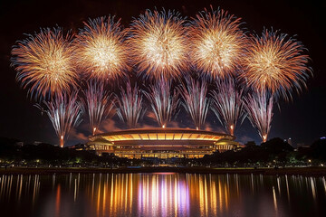 Beautiful Singapore national day fireworks at national stadium. , isolated on white background,  , copy space, copy space for text,