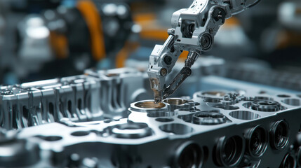 Advanced Robotic Arm Precision Engaged in Automotive Engine Component Manufacturing and Assembly in a High-Tech Industrial Environment