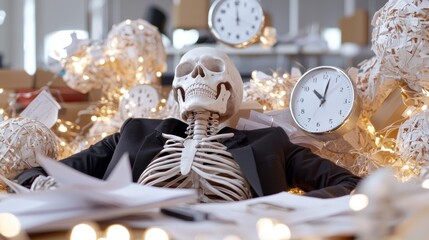 A skeleton in a suit reclines among papers and clocks, surrounded by decorative lights, illustrating a humorous take on work stress and deadlines.