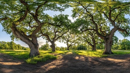 Obraz premium Majestic old trees in a sunny meadow.