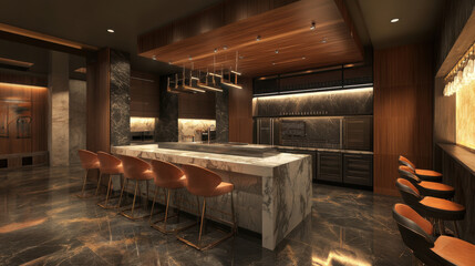 Modern Elegant Kitchen Interior with Marble Island and Warm Lighting in a Luxury Home Setting Featuring Stylish Bar Stools and Contemporary Design Elements