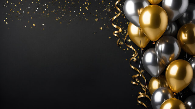 Fiesta elegante de A&ntilde;o Nuevo con globos dorados y plateados y confeti brillante. Tarjeta de fin de a&ntilde;o con espacio para escribir