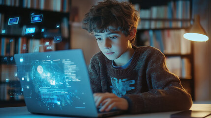 Young boy focused on laptop in dimly lit room, engaging with digital content and futuristic interface, showcasing technology and creativity in a modern educational setting.