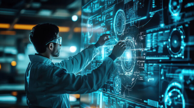 Scientist in Protective Gear Interacting with High-Tech Data Visualization on Transparent Screen in Modern Laboratory Setting