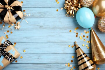 Flat lay composition with party hats, balloon and confetti on light blue background, space for text