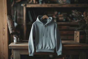 Fototapeta premium Cozy gray hoodie in rustic workshop setting perfect for industrial design inspiration.