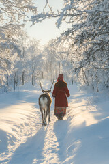 S&aacute;mi woman walking with a reindeer through a snowy forest in the morning light