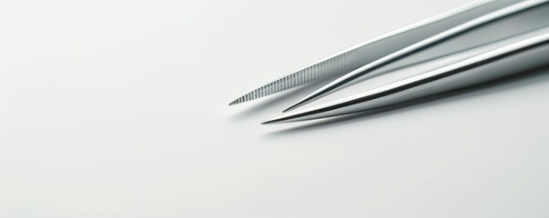 Naklejka premium A close-up of metallic tweezers against a smooth, light-colored background, showcasing their precision and fine tips.