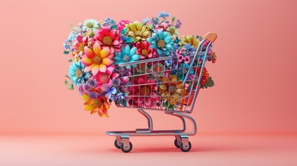 A shopping cart overflowing with vibrant, colorful flowers against a pastel background.