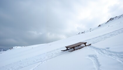 Traditional Wooden Sled in Serene Snow-covered Mountain Setting