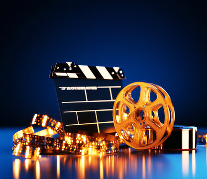 Film Reel and Clapperboard: A timeless symbol of cinematic artistry, a classic film reel and clapperboard rest amidst a glistening trail of film, illuminating a dark blue background with a warm.