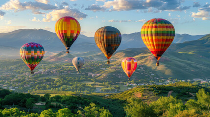 Fototapeta premium Colorful hot air balloons flying over mountain