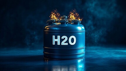 Blue Gas Tank with H2O Label and Fire Effects