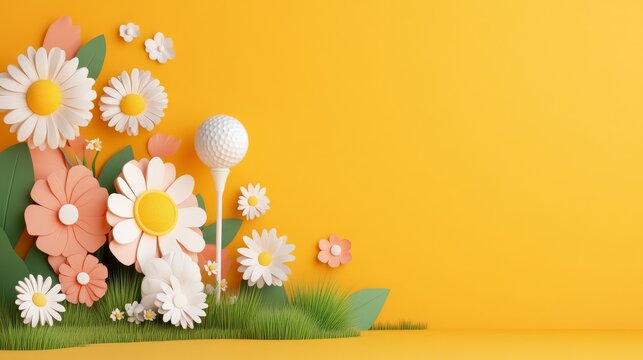 Sunny Spring Golf: Paper Flowers and Golf Ball on Tee