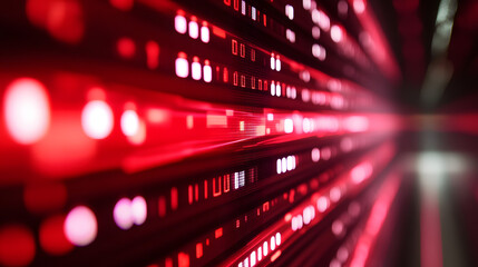Fototapeta premium Digital data stream of binary nubers and glass fiber lines, red technology background, concept for cyber security and modern information exchange