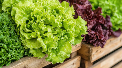 Fresh green and red lettuce displayed in wooden crates at farmers market
