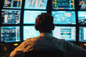 An air traffic controller is intently focused on monitoring several screens that display vital flight data within a dimly lit control center, ensuring the safe and efficient management of air traffic