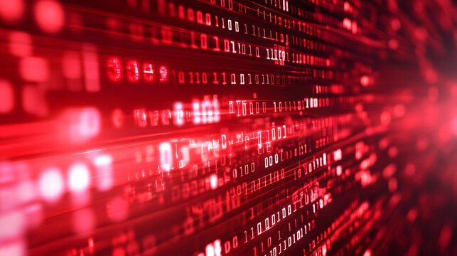 Digital data stream of binary nubers and glass fiber lines, red technology background, concept for cyber security and modern information exchange