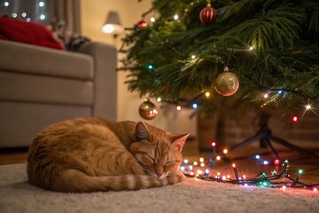 merry christmas signboard or gift card for pet shop or vet clinic, ginger cat with red xmas ball and ribbon bow,