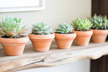 Fototapeta premium Succulents in terracotta pots add charm to boho inspired space on reclaimed wood shelf