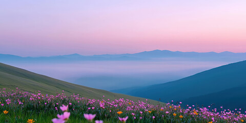 Obraz premium Serene foggy mountain landscape with rolling hills and vibrant wildflowers at sunrise