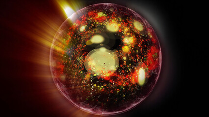 A bright, glowing multi-colored ball with smooth patterns on a dark background.
