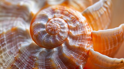 Close-up of a spiral seashell with warm, orange and white hues.  The intricate details of its texture are mesmerizing.