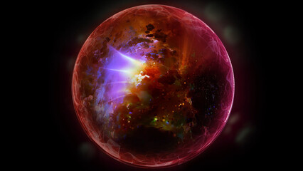 A luminous pearlescent ball with fiery particles creating galaxies of spiral energy.