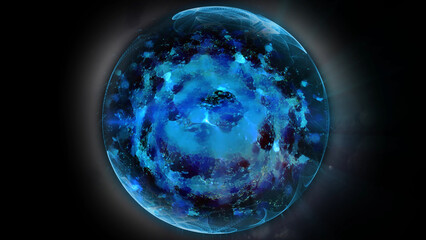 A luminous pearlescent ball with fiery particles creating galaxies of spiral energy.