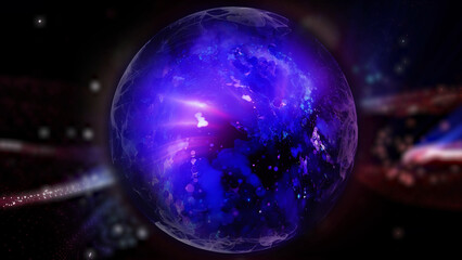 A bright, glowing multi-colored ball with smooth patterns on a dark background.
