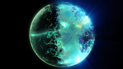 Obraz premium A luminous pearlescent ball with fiery particles creating galaxies of spiral energy.