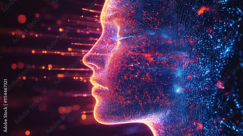 Poster face scan hologram concept. digital holographic face with vibrant light patterns and data flow
