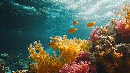 Sunlit Underwater Coral Reef with Yellow Fish