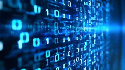 Digital data stream of binary nubers and glass fiber lines, blue technology background, concept for cyber security and modern information exchange