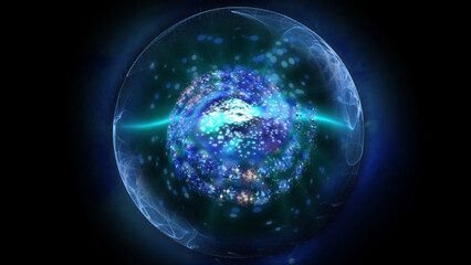 A bright, glowing multi-colored ball with smooth patterns on a dark background.
