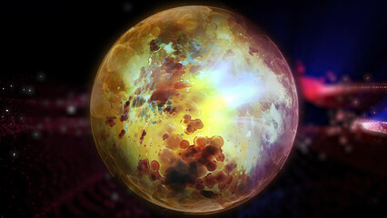 A bright, glowing multi-colored ball with smooth patterns on a dark background.
