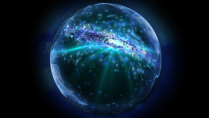 A bright, glowing multi-colored ball with smooth patterns on a dark background.
