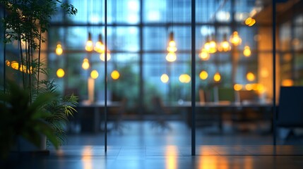 Fototapeta premium A modern IT office space with a blurred background, glass surfaces visible through the LED strips