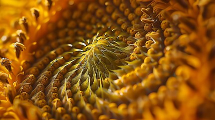 Close-up of a sunflower's center, showcasing its intricate details and warm, golden hues.