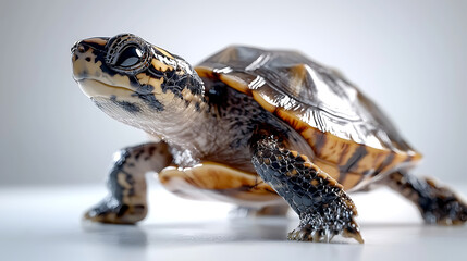Obraz premium A baby turtle is standing on a white surface