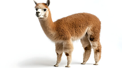 A brown and white llama standing on a white background