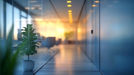 Fototapeta premium A modern IT office space with a blurred background, glass surfaces visible through the LED strips