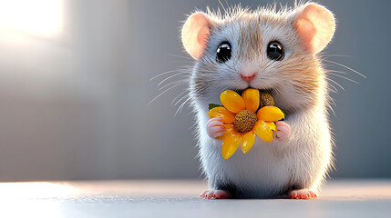 Fototapeta premium A cute little hamster holding a yellow flower in its mouth