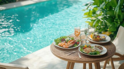 Poolside lunch with seafood and drinks