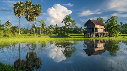 Obraz premium Stilt House Reflecting in Calm Rice Paddy Water